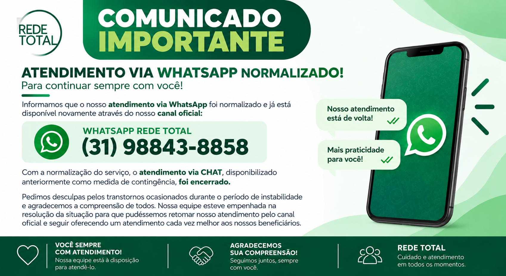 ATENDIMENTO WHATSAPP REESTABELECIDO